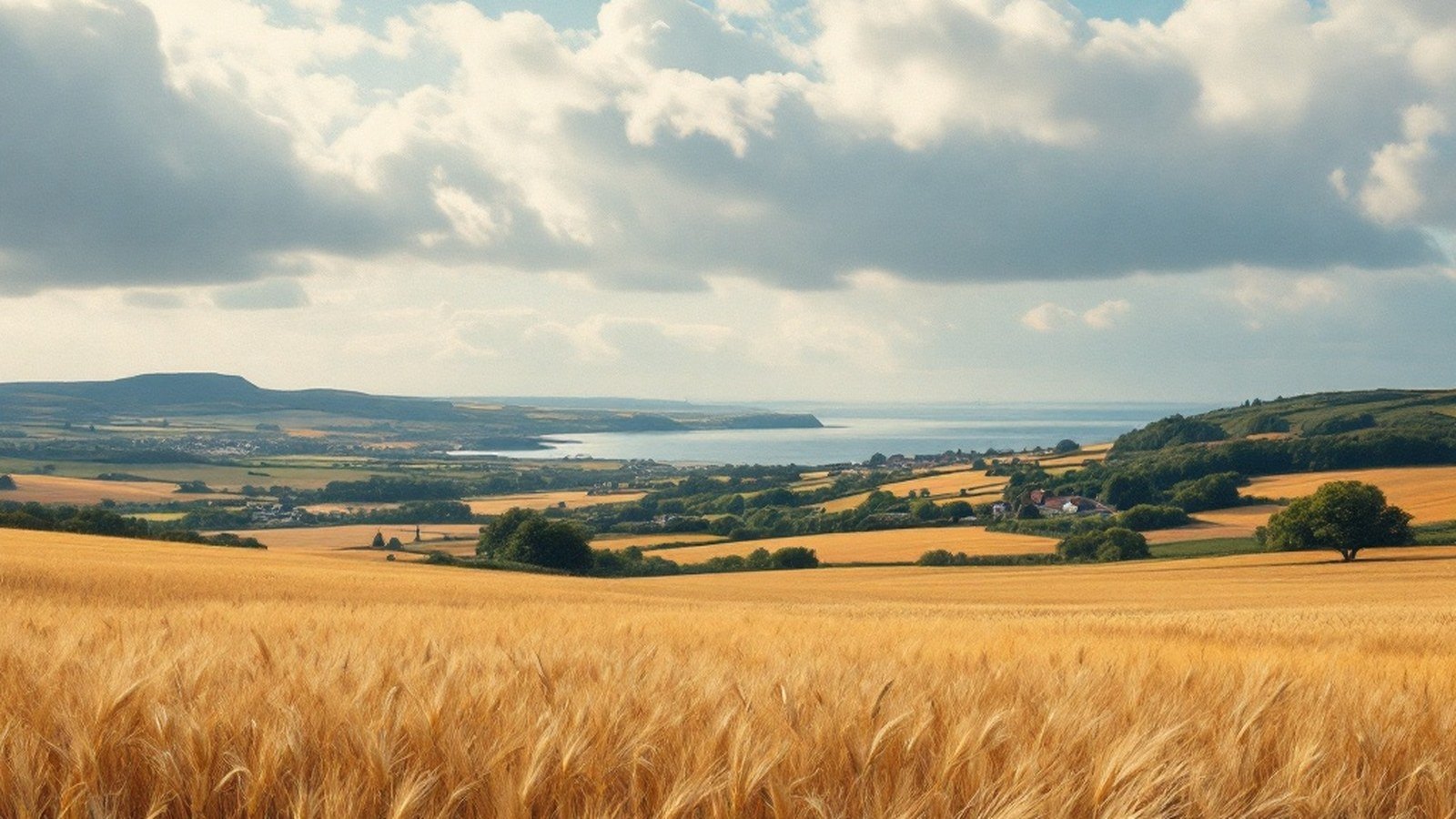 Wide-angle view of ripe barley or wheat fields near East Linton in late July